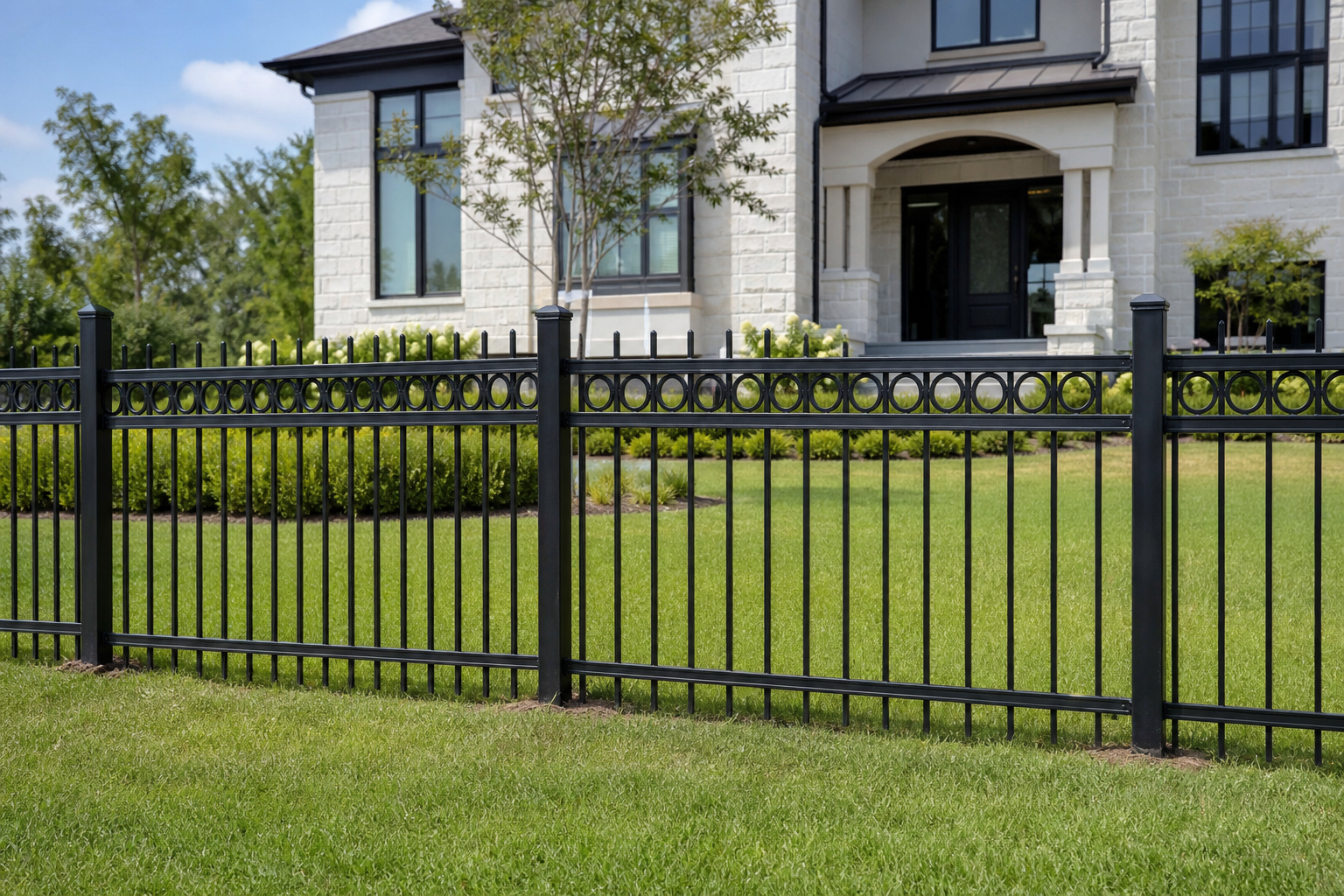 Black aluminum fence along a green lawn
