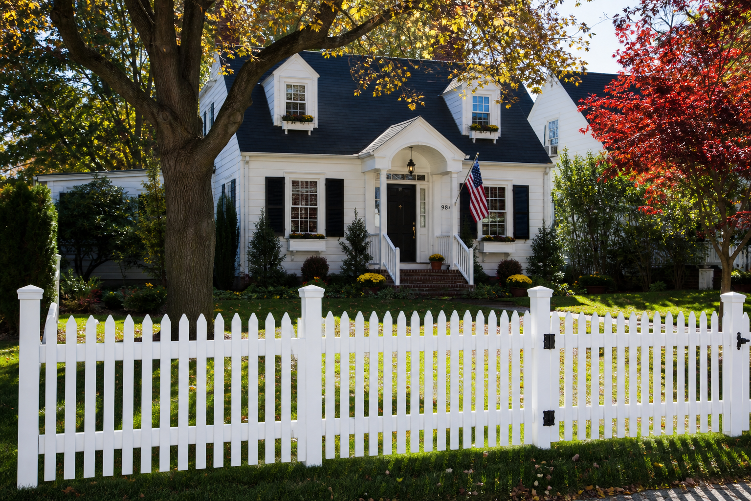 White picket fence in front of a home