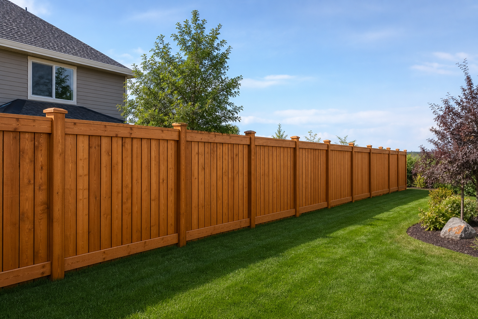 Full wood privacy fence along a residential backyard